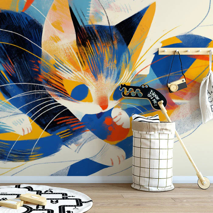 Abstract Cat Mural Wallpaper in Playroom Blue, Orange, Yellow, and Black Cat Mural Wallpaper