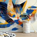 Abstract Cat Mural Wallpaper in Playroom Blue, Orange, Yellow, and Black Cat Mural Wallpaper - pure wallpaper artwork