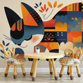 Abstract Cat Wallpaper in Playroom Blue, Orange, Yellow, and Black Cat Mural Wallpaper - pure wallpaper artwork