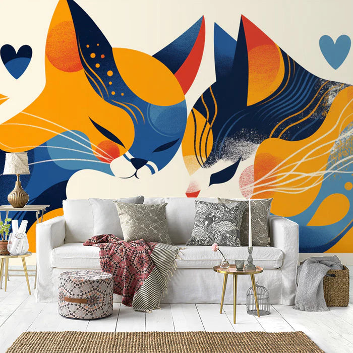 Abstract Cat Mural Wallpaper in living room Blue, Orange, Yellow, and Black Cat Mural Wallpaper - pure wallpaper artwork