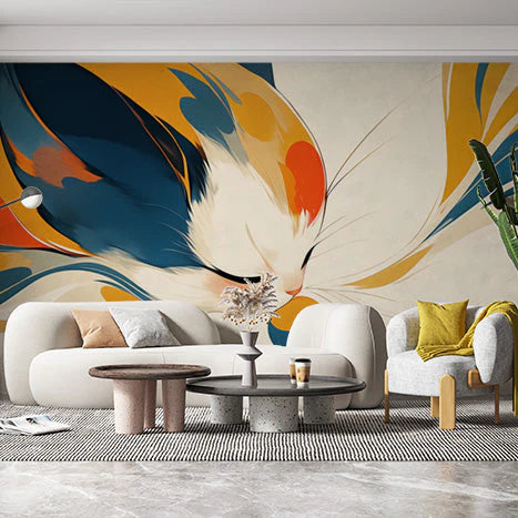 Abstract Cat Mural Wallpaper for a commercial space Blue, Orange, Yellow, and Black Cat Mural Wallpaper - pure wallpaper artwork