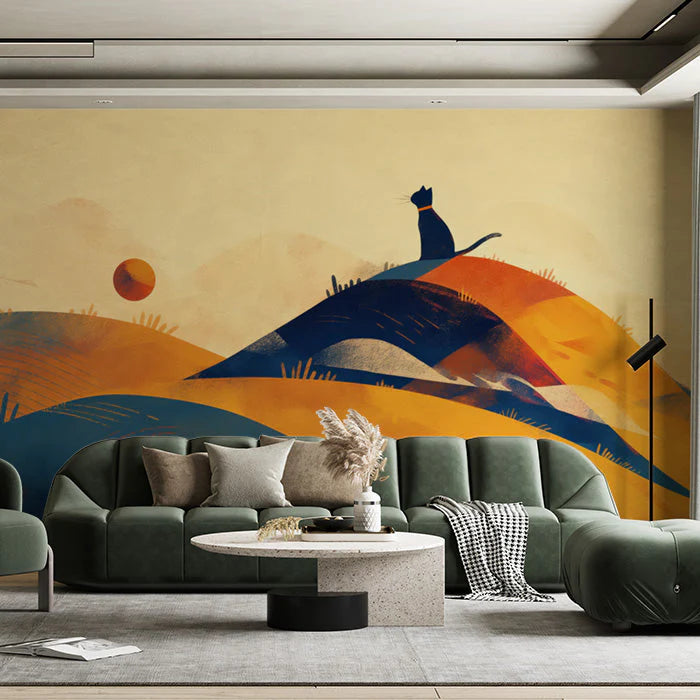Cat on Hill Mural Wallpaper in Living Room Yellow, Orange, Blue, and Black Cat Mural Wallpaper