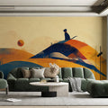 Cat on Hill Mural Wallpaper in Living Room Yellow, Orange, Blue, and Black Cat Mural Wallpaper - pure wallpaper artwork