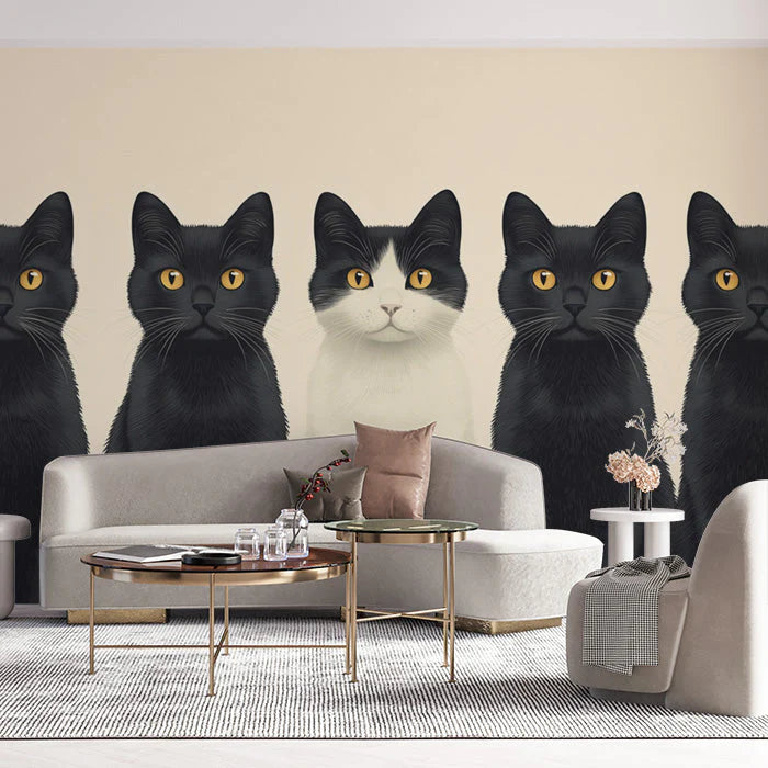 Black Cats Mural Wallpaper in Living Room Black, White, and Gold Cats Mural Wallpaper - pure wallpaper artwork