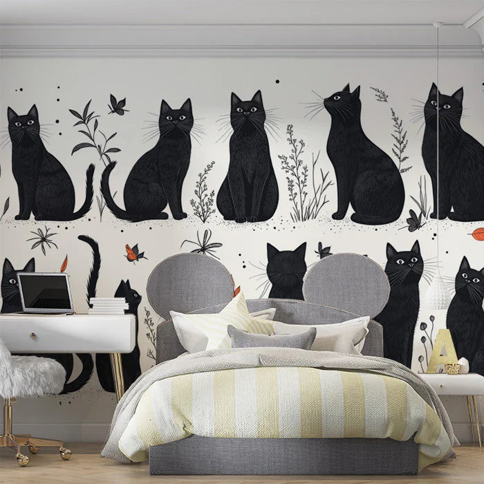 Black Cats Mural Wallpaper in Bed Room Black, White, and Gold Cats Mural Wallpaper