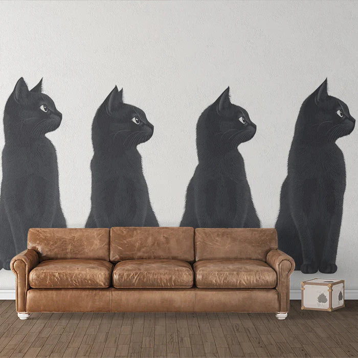 Vintage Black Cats Mural Wallpaper in Living Room Black, White, and Gold Cats Mural Wallpaper