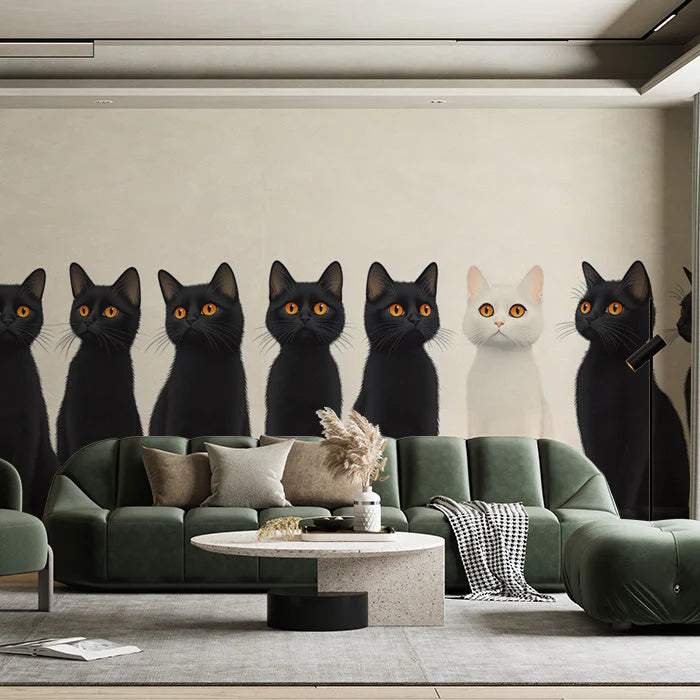 Black Cats Mural Wallpaper for Living Room Black, White, and Gold Cats Mural Wallpaper