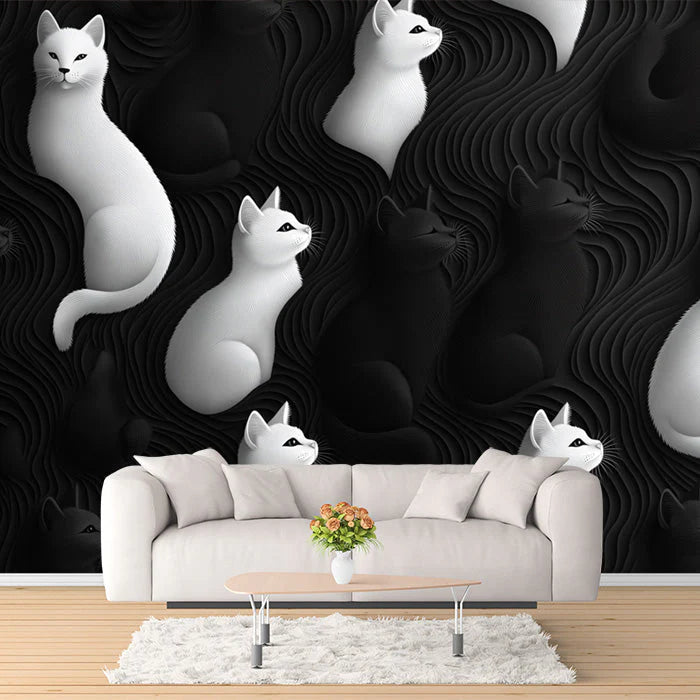 Black and Wahite Cats Mural Wallpaper in Living Room or Lounge Black, White, and Gold Cats Mural Wallpaper - pure wallpaper artwork