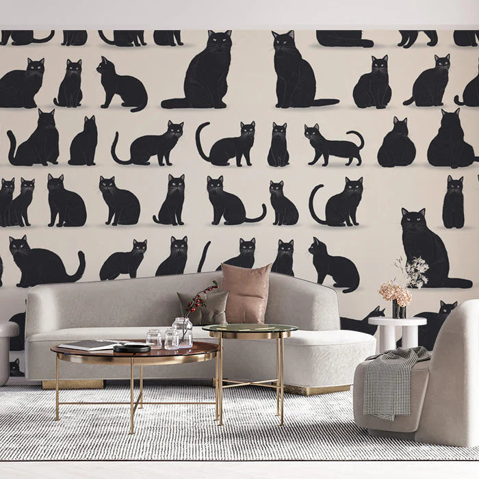 Black Cats Pattern Mural Wallpaper in Living Room Black, White, and Gold Cats Mural Wallpaper