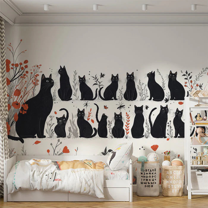 Black Cats Mural Wallpaper for a girl's room Black, White, and Gold Cats Mural Wallpaper - pure wallpaper artwork