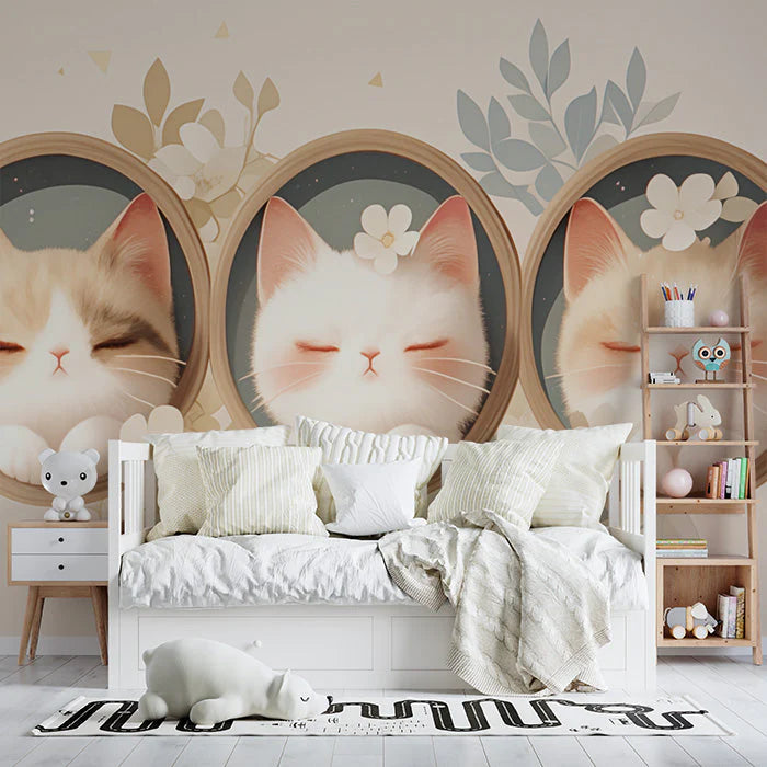 Sleeping Cats in Frames Mural Wallpaper in Bedroom Beige, White, and Pastel Colors of Sleeping Cats Mural Wallpaper - pure wallpaper artwork