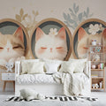 Sleeping Cats in Frames Mural Wallpaper in Bedroom Beige, White, and Pastel Colors of Sleeping Cats Mural Wallpaper - pure wallpaper artwork