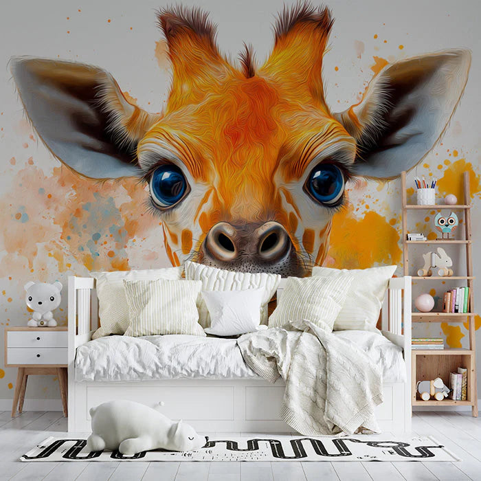 Abstract Giraffe Mural Wallpaper in Kid's Bed Room Orange, Blue, Yellow, and Red Giraffe -1 Mural Wallpaper - pure wallpaper artwork