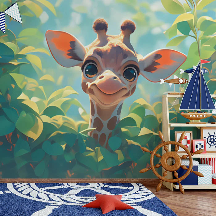 Abstract Giraffe Mural Wallpaper in PlayRoom Orange, Blue, Yellow, and Red Giraffe Mural Wallpaper - pure wallpaper artwork