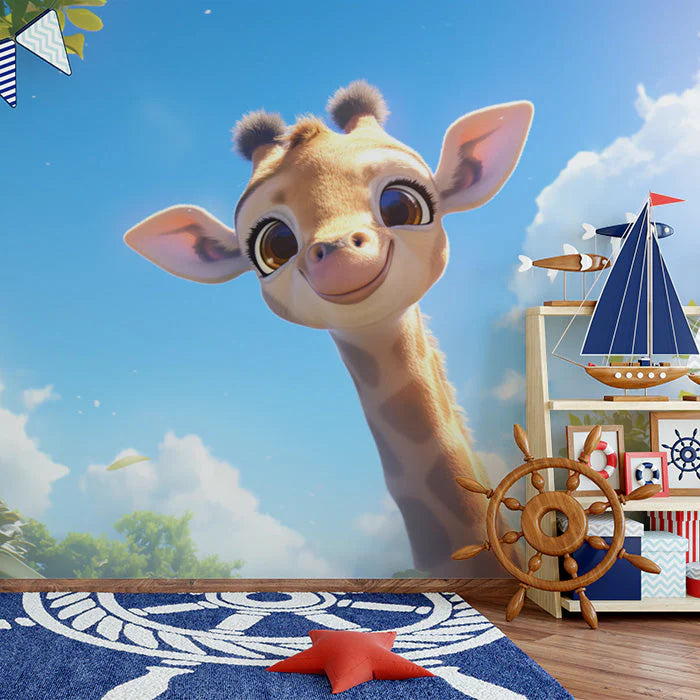 Giraffe Mural Wallpaper in Nursery Orange, Blue, Yellow, and Red Giraffe Mural Wallpaper - pure wallpaper artwork