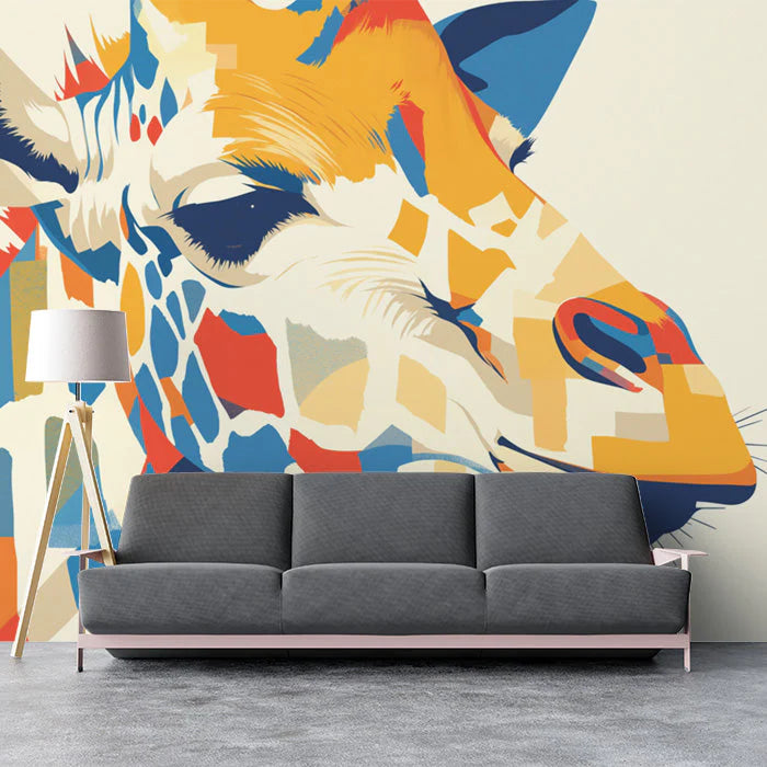 Abstract Giraffe Mural Wallpaper in a home office Orange, Blue, Yellow, and Red Giraffe -4 Mural Wallpaper