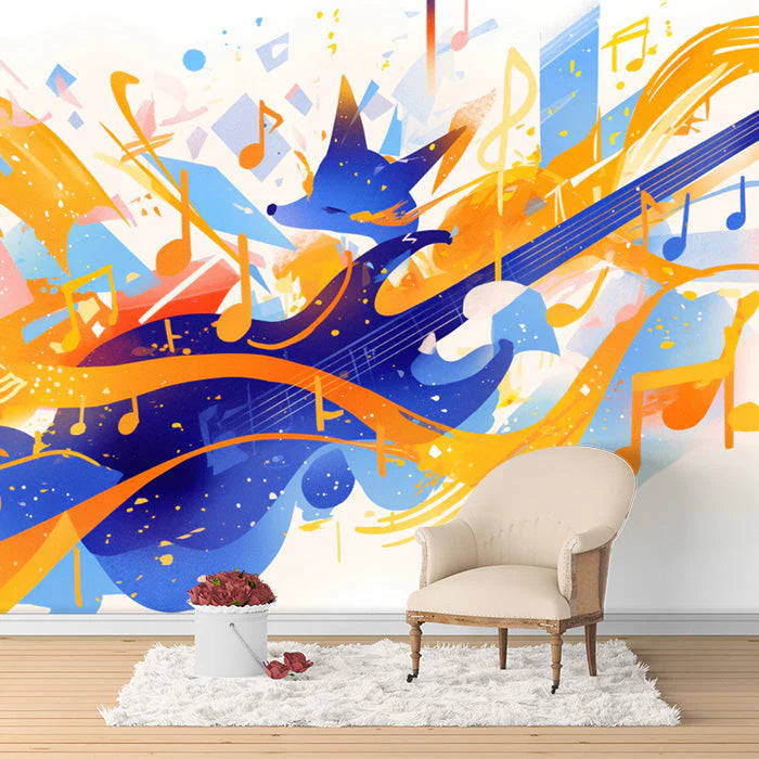Music and Fox Mural Wallpaper in Living Room Blue, Orange, and Yellow Fox Mural Wallpaper - pure wallpaper artwork