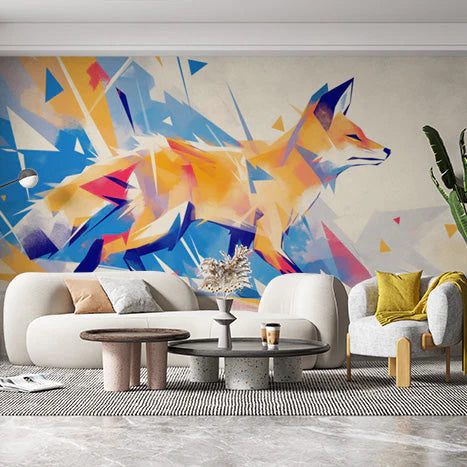 Music and Fox Mural Wallpaper in Living Room Blue, Orange, and Yellow Fox -1 Mural Wallpaper