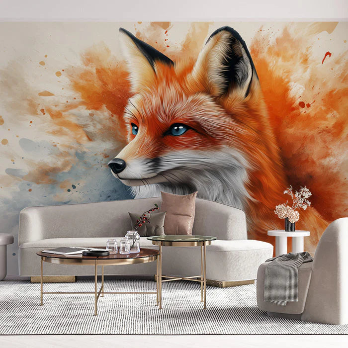 Fox Head Mural Wallpaper in a home office Orange, White, and Blue Fox Mural Wallpaper - pure wallpaper artwork