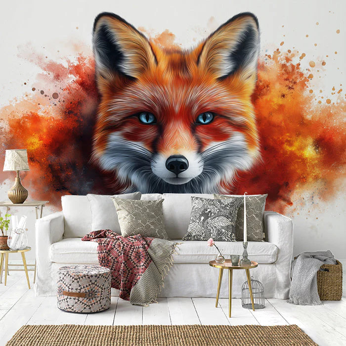 Fox Head Mural Wallpaper in Living Room Orange, White, and Blue Fox -1 Mural Wallpaper