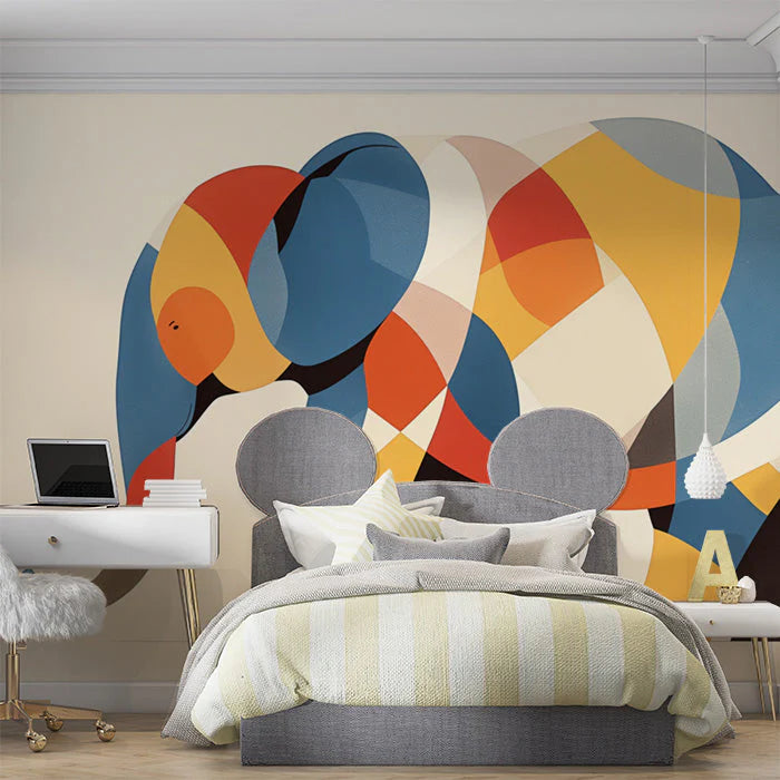 Abstract Elephant Mural Wallpaper in Bedroom Various Colors (Blue, Orange, Yellow, etc.) of Elephant Mural Wallpaper - pure wallpaper artwork