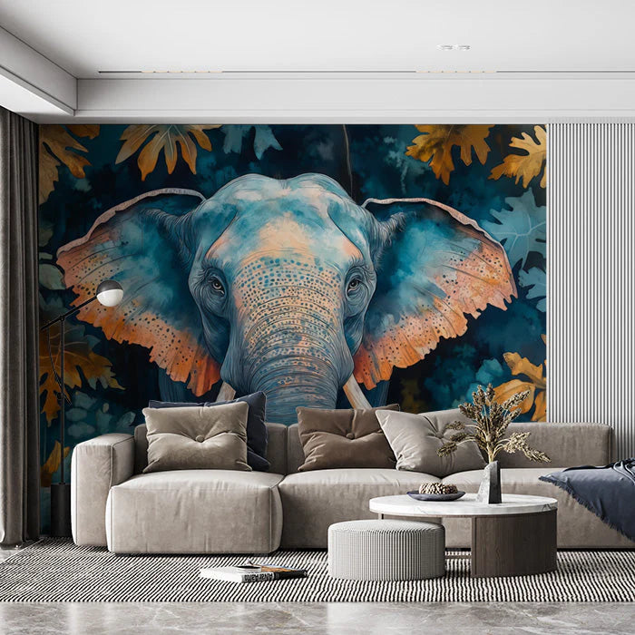 Elephant Head Mural Wallpaper in Commercial Space Blue, Orange, and Various Earth Tones with Elephant Mural Wallpaper