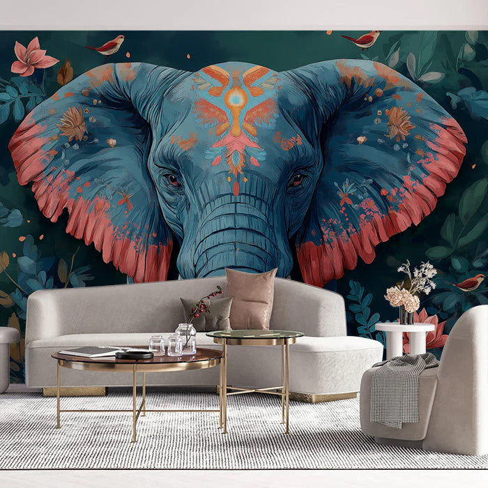 Elephant Head Mural Wallpaper in Living Room Blue, Orange, and Various Earth Tones with Elephant Mural Wallpaper - pure wallpaper artwork
