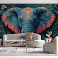 Elephant Head Mural Wallpaper in Living Room Blue, Orange, and Various Earth Tones with Elephant Mural Wallpaper - pure wallpaper artwork