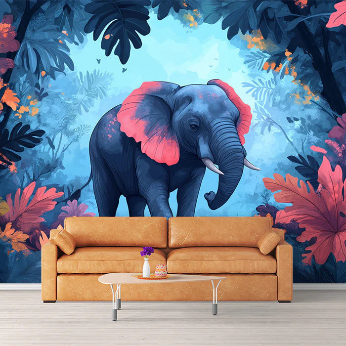 Elephant Head Mural Wallpaper in a Hotel Lounge Blue, Orange, and Various Earth Tones with Elephant Mural Wallpaper
