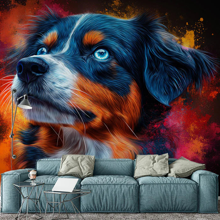 Dog Portrait Mural Wallpaper in Living Room Blue, Orange, Red, and Black Dog Mural Wallpaper - pure wallpaper artwork
