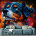 Dog Portrait Mural Wallpaper in Living Room Blue, Orange, Red, and Black Dog Mural Wallpaper - pure wallpaper artwork