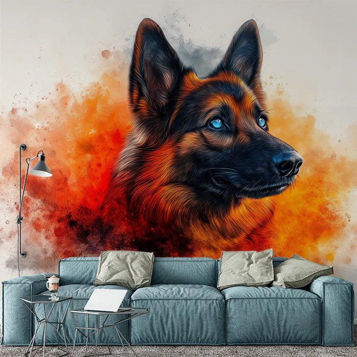 Dog Portrait Mural Wallpaper in Living Room Blue, Orange, Red, and Black Dog -1 Mural Wallpaper - pure wallpaper artwork