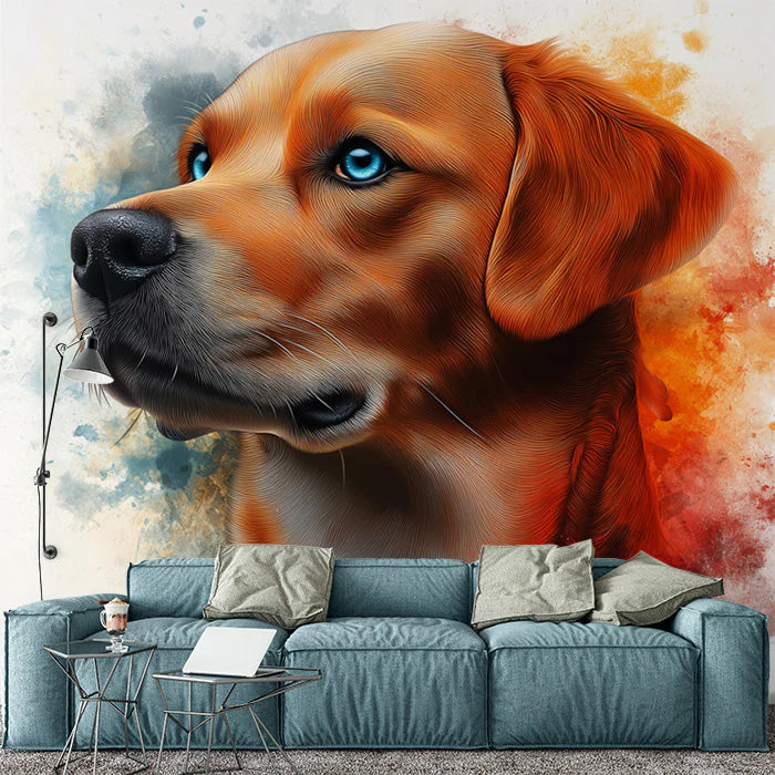 Dog Portrait Mural Wallpaper in Living Room Blue, Orange, Red, and Black Dog -2 Mural Wallpaper - pure wallpaper artwork