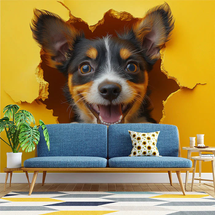 Dog Portrait Mural Wallpaper in Living Room Blue, Orange, Red, and Black Dog -4 Mural Wallpaper