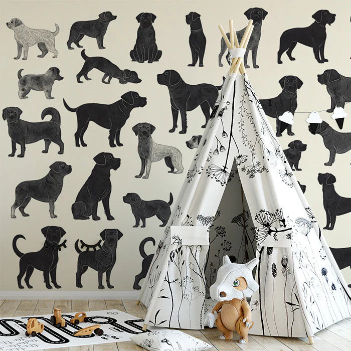 Dog Pattern Mural Wallpaper in Playroom Black and Beige Dog Mural Wallpaper - pure wallpaper artwork