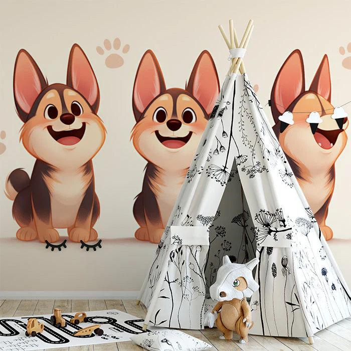 Cartoon Dog Mural Wallpaper in Playroom Various Shades of Brown, Orange, and Beige Dog Mural Wallpaper