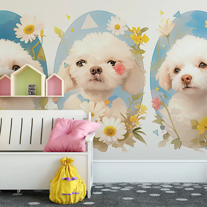 Puppy and Flower Mural Wallpaper in Bedroom White, Blue, Yellow, and Pink Puppy Mural Wallpaper - pure wallpaper artwork