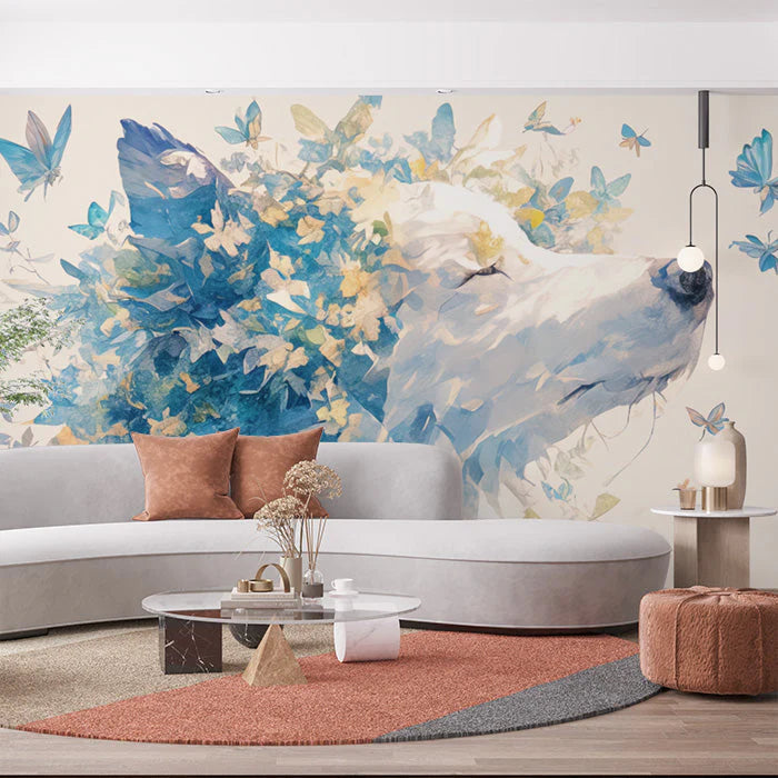 Wolf and Butterfly Mural Wallpaper in Living Room Blue, White, and Yellow Wolf Mural Wallpaper - pure wallpaper artwork