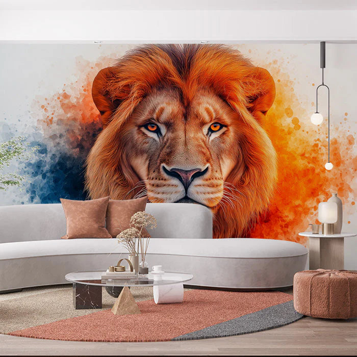 Lion Head Mural Wallpaper in Living Room Orange, Blue, and Various Earth Tones of Lion Mural Wallpaper - pure wallpaper artwork