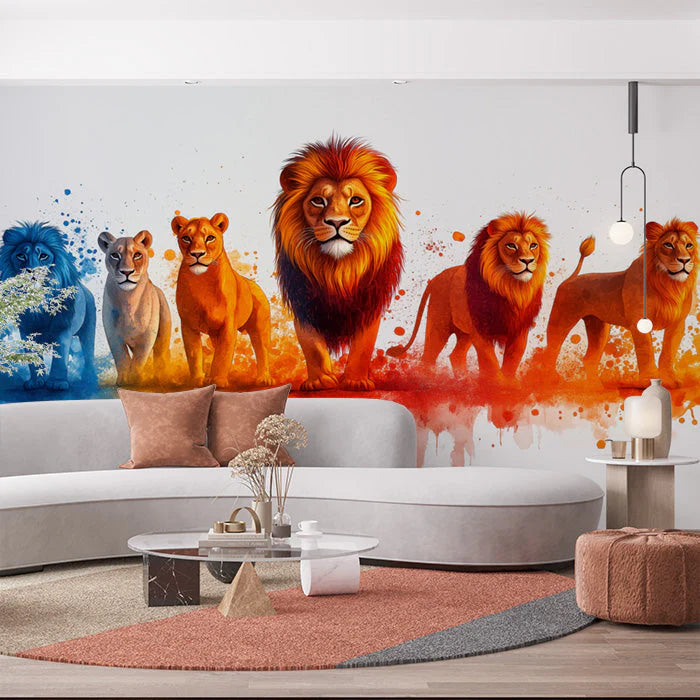 Lion Groups Mural Wallpaper in Living Room Orange, Blue, and Various Earth Tones of Lion Mural Wallpaper - pure wallpaper artwork