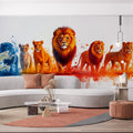 Lion Groups Mural Wallpaper in Living Room Orange, Blue, and Various Earth Tones of Lion Mural Wallpaper - pure wallpaper artwork