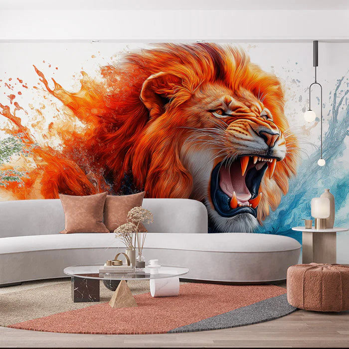 Lion Head Mural Wallpaper in Commercial Space Orange, Blue, and Various Earth Tones of Lion -2 Mural Wallpaper - pure wallpaper artwork