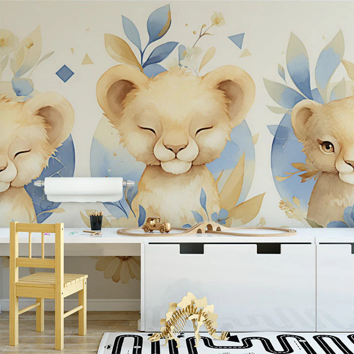 Lion Cubs Mural Wallpaper in Nursery Beige, Blue, and Yellow Lion Cubs Mural Wallpaper