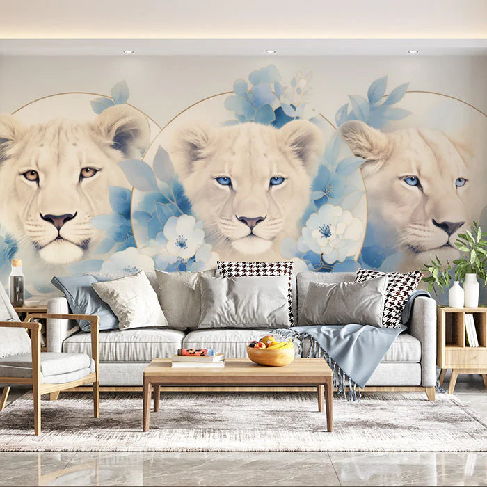 Lion Heads with Blue Flowers Mural Wallpaper in Living Room Beige, Blue, and White Lion Mural Wallpaper - pure wallpaper artwork