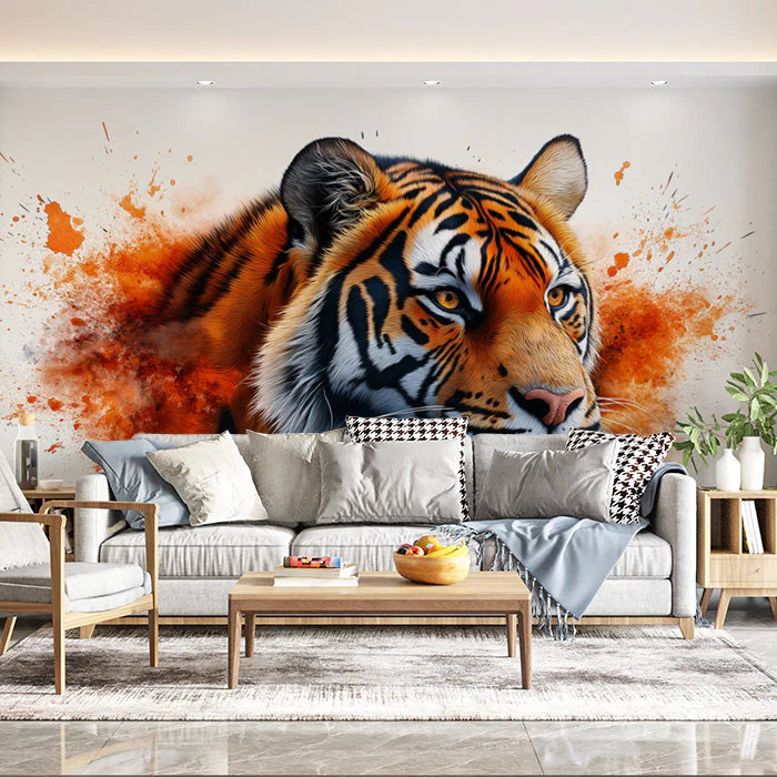 Tiger Head Mural Wallpaper in Living Room Orange, Black, and White Tiger Mural Wallpaper - pure wallpaper artwork