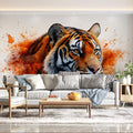 Tiger Head Mural Wallpaper in Living Room Orange, Black, and White Tiger Mural Wallpaper - pure wallpaper artwork