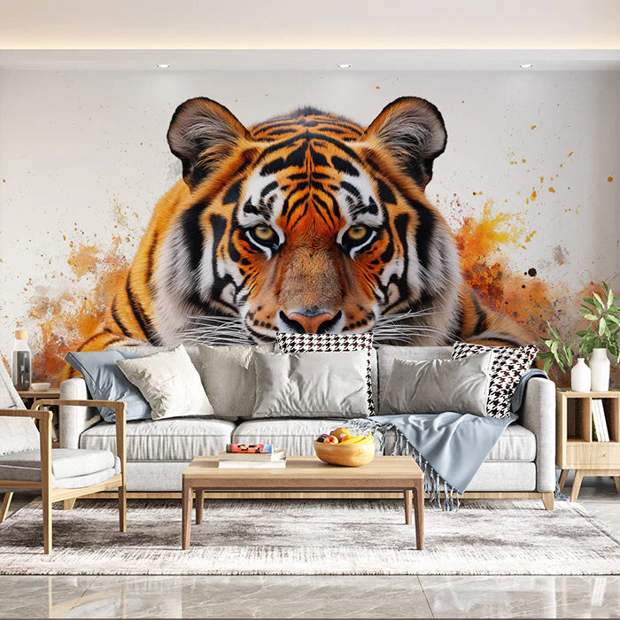 Tiger Head Mural Wallpaper in Living Room Orange, Black, and White Tiger -1 Mural Wallpaper - pure wallpaper artwork