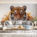 Tiger Head Mural Wallpaper in Living Room Orange, Black, and White Tiger -1 Mural Wallpaper - pure wallpaper artwork