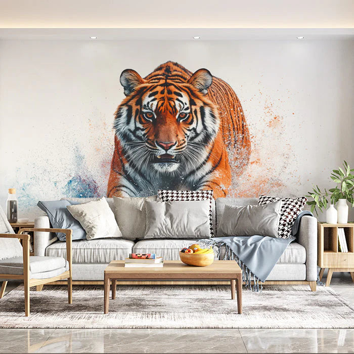 Tiger Head Mural Wallpaper in Living Room Orange, Black, and White Tiger -2 Mural Wallpaper - pure wallpaper artwork