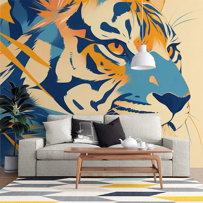 Abstract Tiger Mural Wallpaper in Living Room Orange, Blue, and Yellow Tiger Mural Wallpaper - pure wallpaper artwork